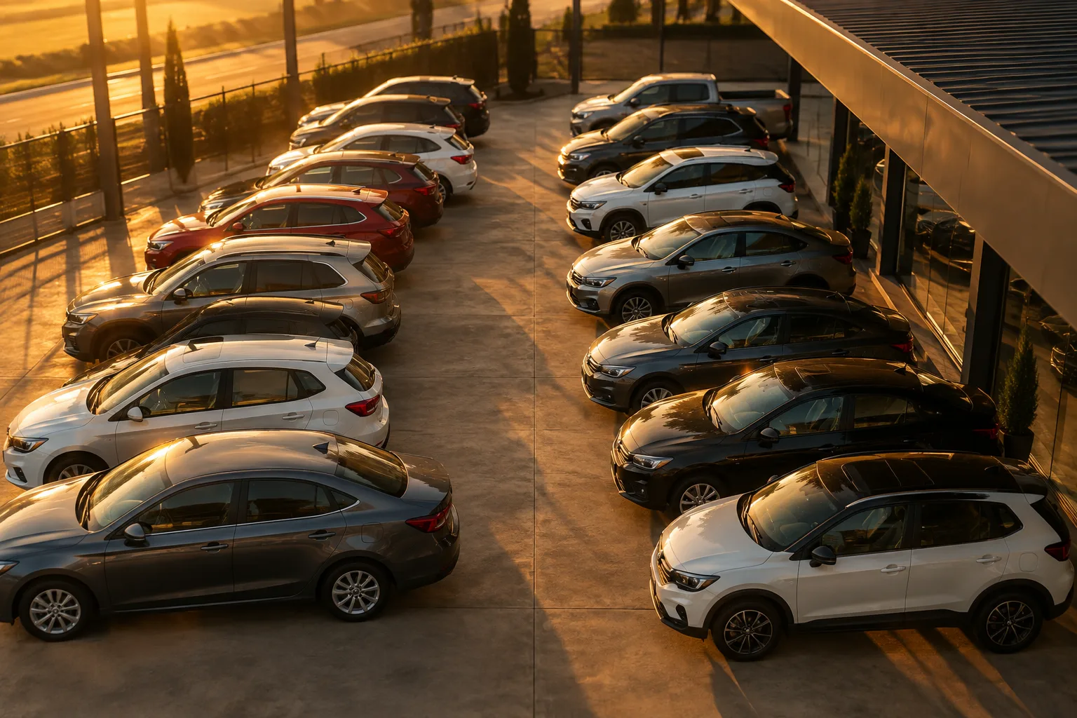 Pátio de uma revenda de carros seminovos no fim da tarde, visto de cima