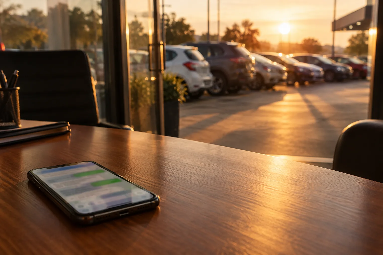 Celular em cima da mesa de uma revenda de carros, com o pátio desfocado ao fundo no fim da tarde