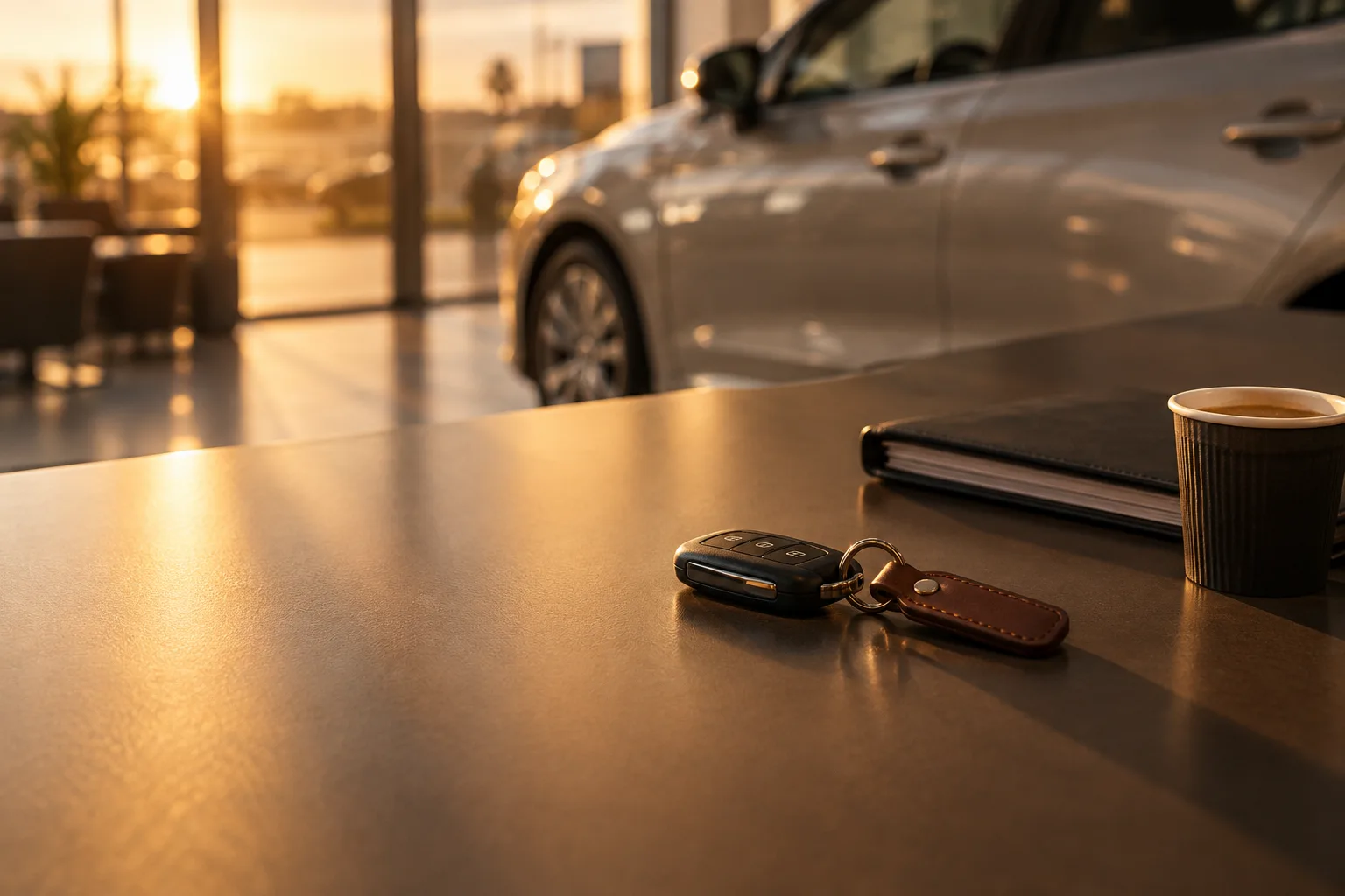 Chave de carro sobre a mesa de uma revenda, com luz quente de fim de tarde